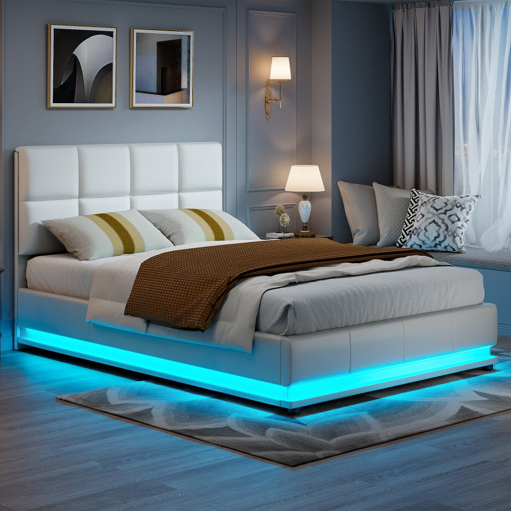 Gestoffeerd Twijfelaarbed – Opbergbed – Tweepersoonsbed – Led Bed – Slaapbank – 140x200 cm – Met Opbergruimte en Meerkleurige LED-Verlichting