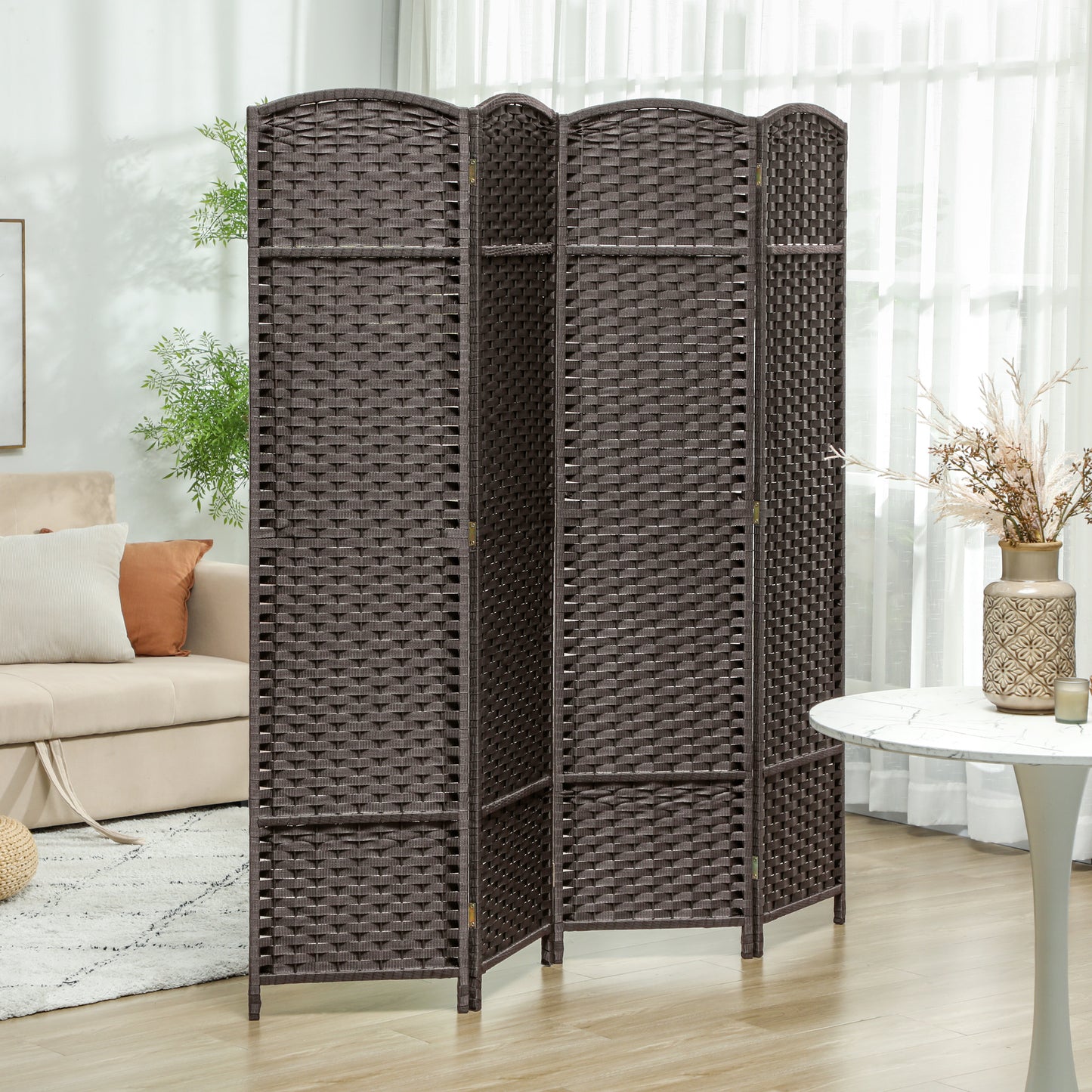 Kamerscherm – Room Divider – Scheidingswand – Privacy Scherm – Ruimteverdelers – Bruin – Vierdelig – Opvouwbaar – Lichtgewicht – Hoogte 150 cm