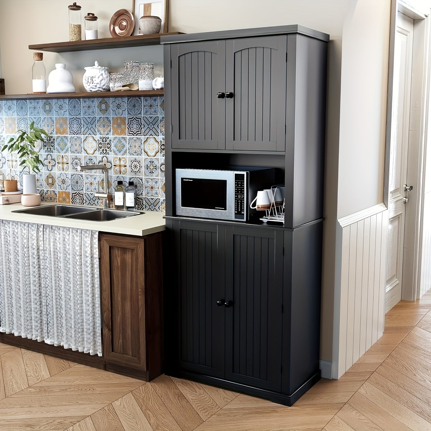 Keukenkast – Keukenmeubel – Opbergkast – Voorraadkast – Hoge Kast – 7 Planken – Mat Zwart MDF Met Werkblad