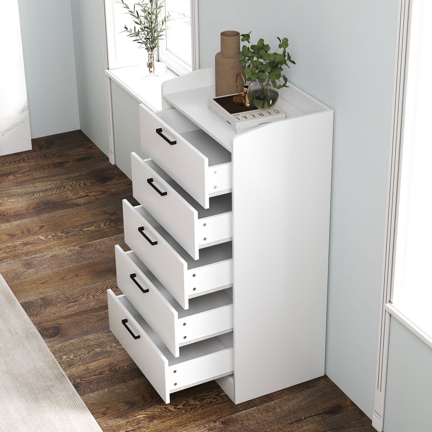 Ladekast – Commode – Opbergkast – Kledingkast – Dressoir – 5 Lades – Melamine Afwerking – Anti-Kantel Systeem – Modern Wit