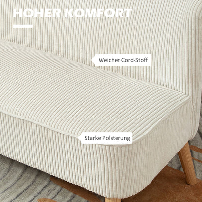 2-zits bank – tweezits sofa – loveseat – zitbank – kleine bank – zonder armleuningen – crème wit – gestoffeerd met cord stof – compacte loungebank – houten poten – 117x56,5x77 cm
