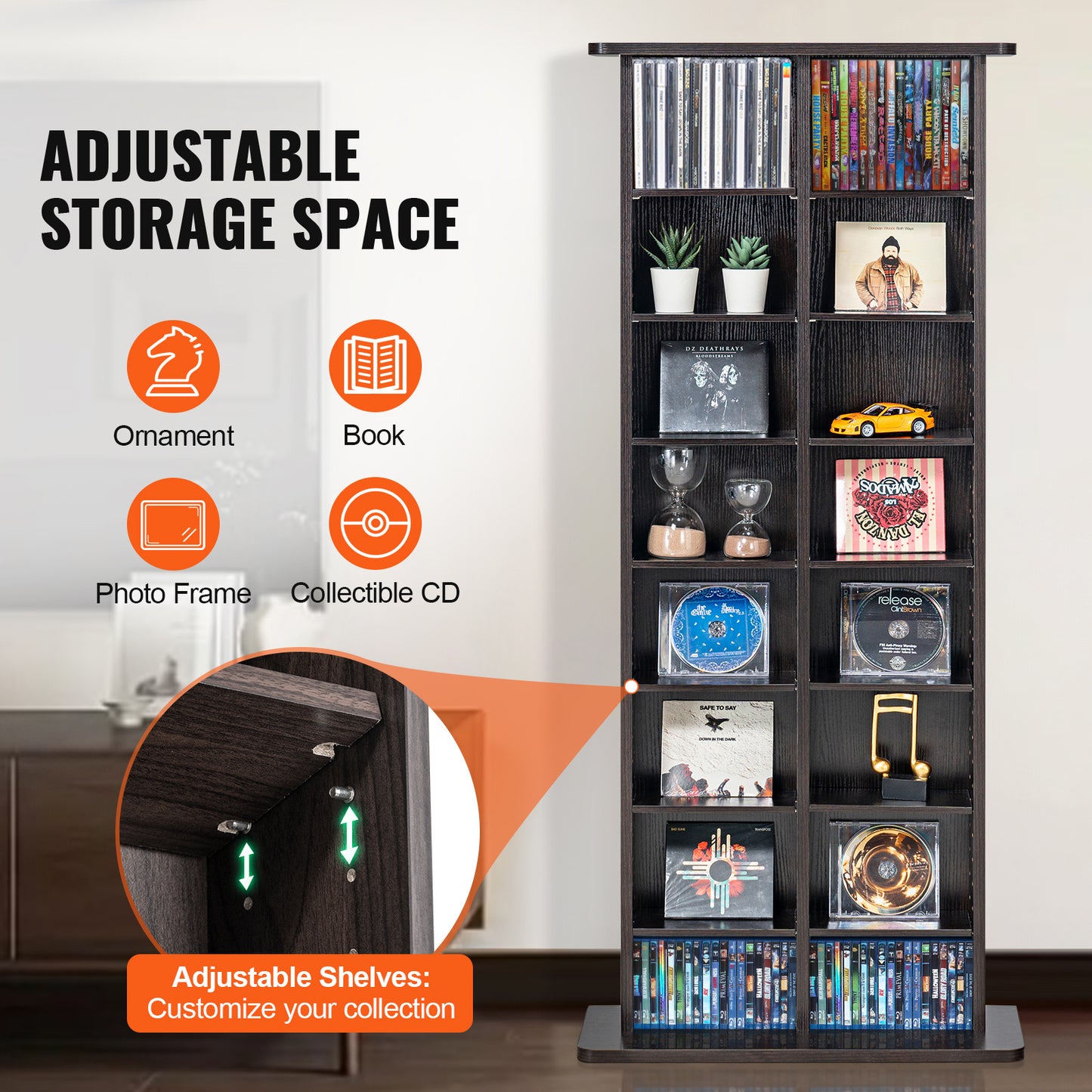Dvd Kast – Cd Kast – Mediakast – Opbergkast – Boekenkast – 8 Verstelbare Planken – Ruimte voor 464 cd’s – Donker Koffiekleur – Stevig Houtvezelplaat
