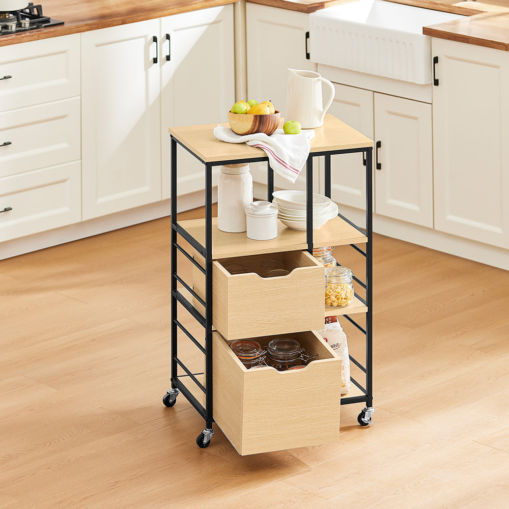 Serveerwagen – Keukenwagen – Serveerwagen Met Wielen – Trolley – Bijzettafel – Industrieel Design – 2 Lades En 3 Open Planken – Compact 89x53x37 Cm