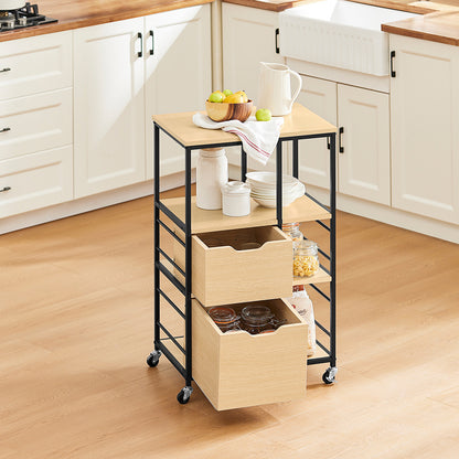 Serveerwagen – Keukenwagen – Serveerwagen Met Wielen – Trolley – Bijzettafel – Industrieel Design – 2 Lades En 3 Open Planken – Compact 89x53x37 Cm
