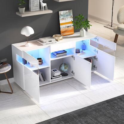 Dressoir – Sideboard – Kast – Opbergkast – Woonkamermeubel – Wit Hoogglans – 140 cm Breed – Duurzaam Bamboe – Drie Deuren Met 7 Planken