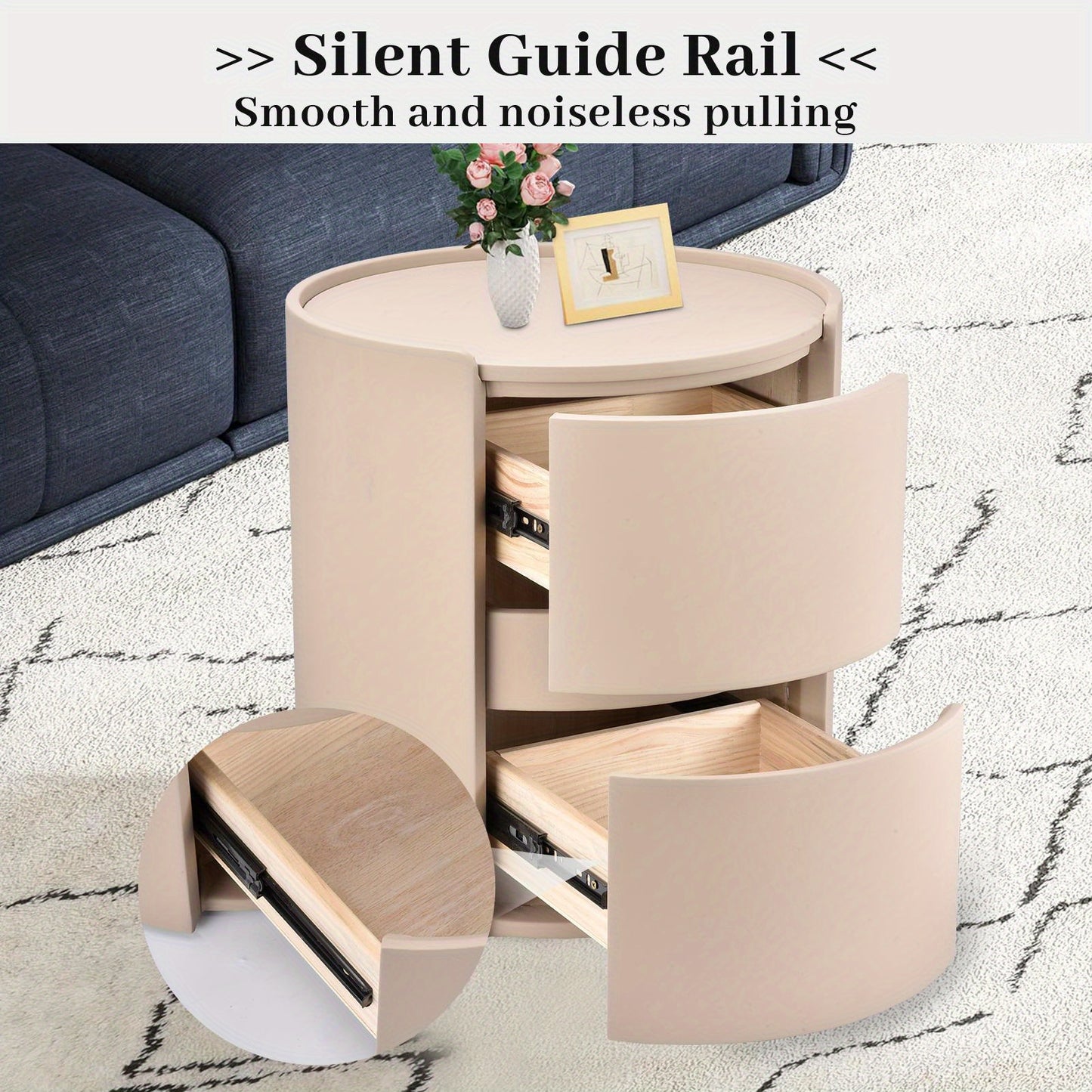 Nachtkastje – Bijzettafel – Ladekastje – Opbergkastje – Bedtafel – Ronde Vorm – Massief Hout – Zadelleren Bovenblad – 2 Lades – 45x45x50 cm