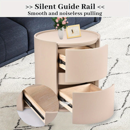 Ronde Nachtkast – Nachtkastje – Bedside Table – Dressoir – Bijzettafel – Oranje Zadelleren Bovenblad – Massief Hout – 2 Laden – Compact 45x45x50 cm