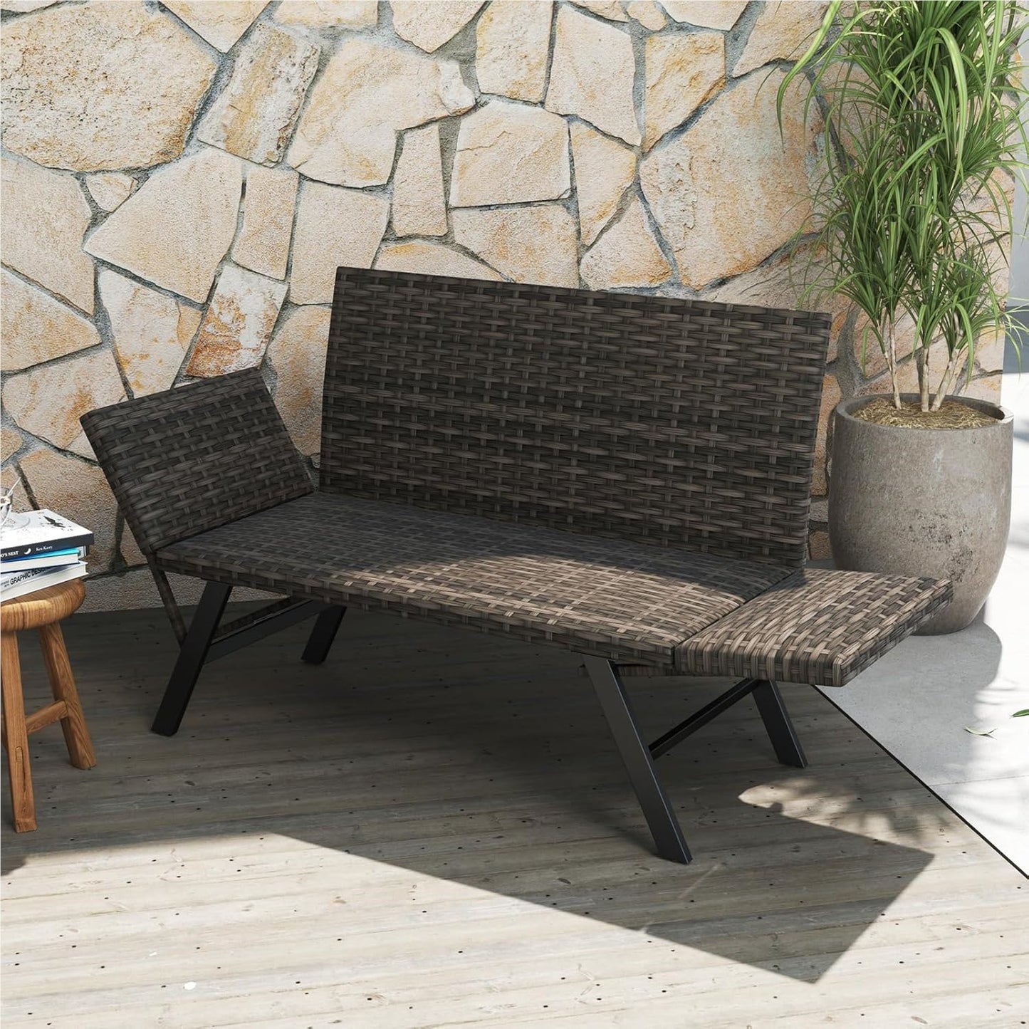 Polyrattan Tuinbank – Tuinbankje – Balkonbank – Buitenbank – Tuinbank Met Verstelbare Armleuningen – Met Sneldrogend Schuimkussen & Verstelbare Rugleuning – 178 x 59 x 89 cm – Grijs
