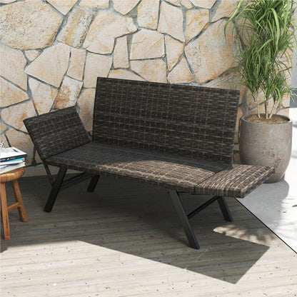 Polyrattan Tuinbank – Tuinbankje – Balkonbank – Buitenbank – Tuinbank Met Verstelbare Armleuningen – Met Sneldrogend Schuimkussen & Verstelbare Rugleuning – 178 x 59 x 89 cm – Grijs