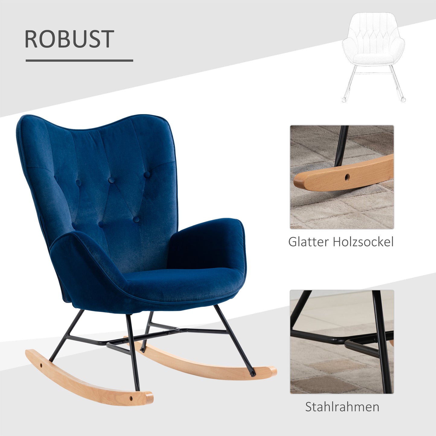 Schommelstoel – Wiegstoel – Relaxstoel – Lounge Stoel – Zitstoel – Velvet Bekleding – Houten Frame – Draaggewicht 150 Kg – Diepblauw Design
