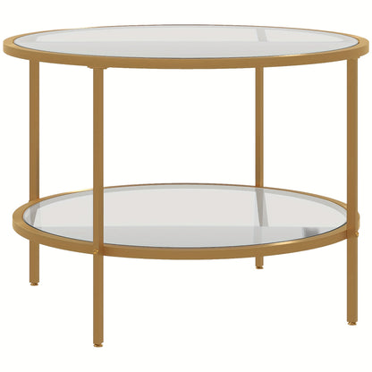 Salontafel – Bijzettafel – Woonkamertafel – Koffietafel – Nachtkastje – Ronde Gouden Salontafel – Stalen Frame – 60x43 cm – Met Opbergruimte