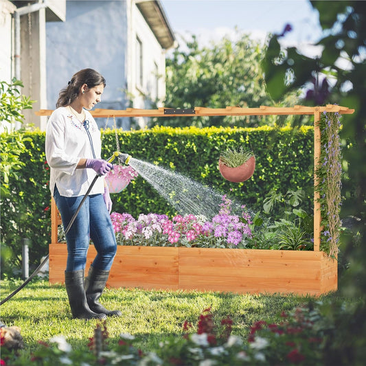 Houten Plantenbak – Verhoogde Bak – Klimrek – Bloembak – Plantenbak Met Dak – Groot Plantvak 200x44x114 cm – Weerbestendig Grenenhout
