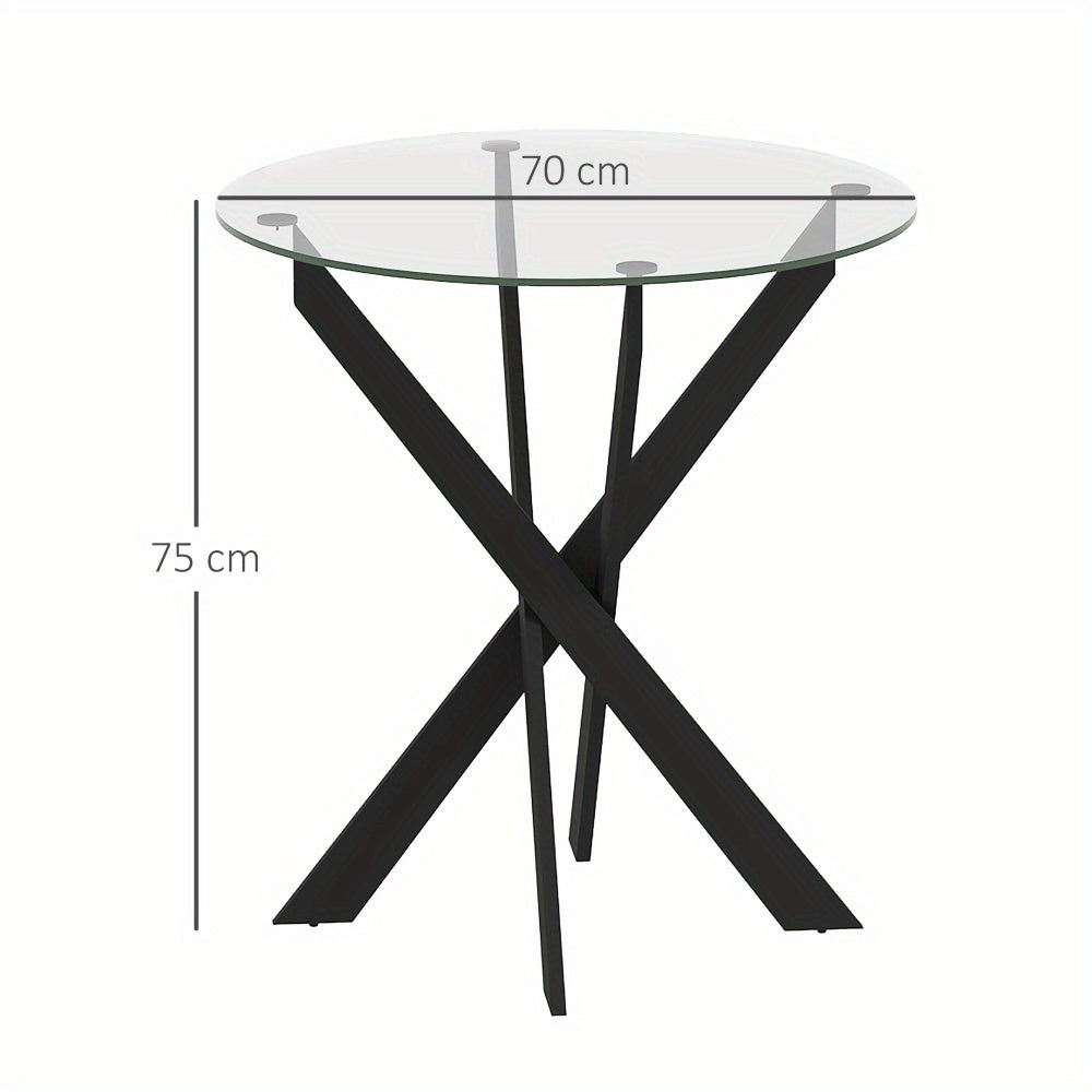 Eettafel – Ronde Tafel – Keukentafel – Diner tafel – Glas Tafel – 70x75 cm – Gehard Glas Blad – Zwart Metalen Poten