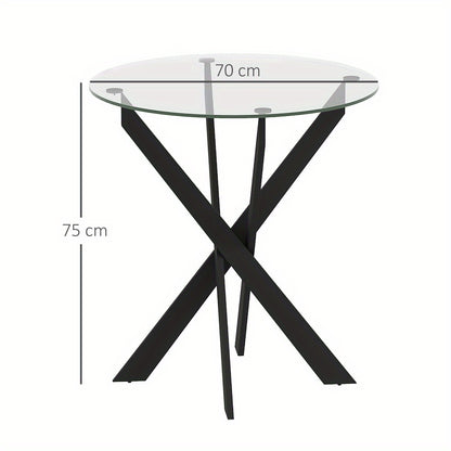Eettafel – Ronde Tafel – Keukentafel – Diner tafel – Glas Tafel – 70x75 cm – Gehard Glas Blad – Zwart Metalen Poten