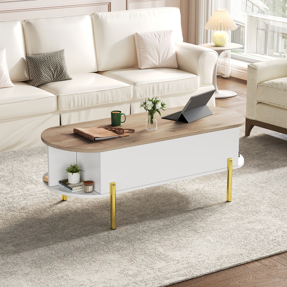 Salontafel – Koffietafel – Bijzettafel – Woonkamertafel – Verstelbare Tafel – Verstelbaar Hoogte – Uitbreidbaar Tafelblad – 7 Opbergrekken – Wit/Geel Metalen Frame