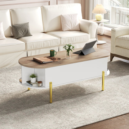 Salontafel – Koffietafel – Bijzettafel – Woonkamertafel – Verstelbare Tafel – Verstelbaar Hoogte – Uitbreidbaar Tafelblad – 7 Opbergrekken – Wit/Geel Metalen Frame