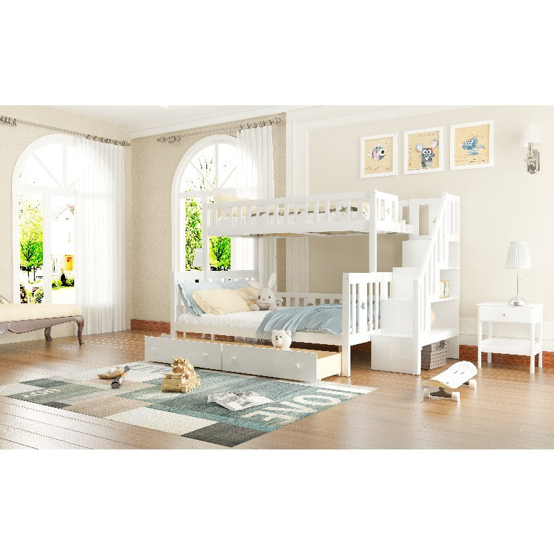 Hoogslaper – Stapelbed – Kinderbed – Mezzaninebed – Halfhoogslaper – Stabiele Trap – 2 Grote Lade Opbergruimtes – 90x200 & 140x200 cm – Wit Modern Design