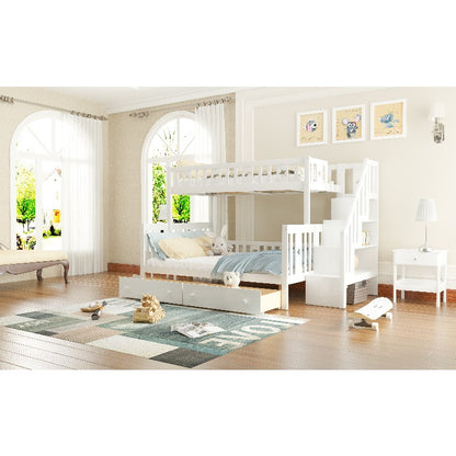 Hoogslaper – Stapelbed – Kinderbed – Mezzaninebed – Halfhoogslaper – Stabiele Trap – 2 Grote Lade Opbergruimtes – 90x200 & 140x200 cm – Wit Modern Design