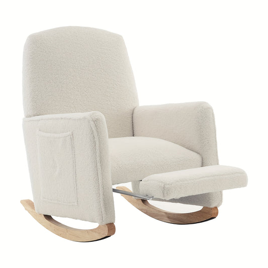 Lounge Schommelstoel – Relaxstoel – Fauteuil – Woonkamerstoel – Schommelstoel Met Voetenbankje – Wit – Hardhouten Frame – Zachte Teddy Bekleding