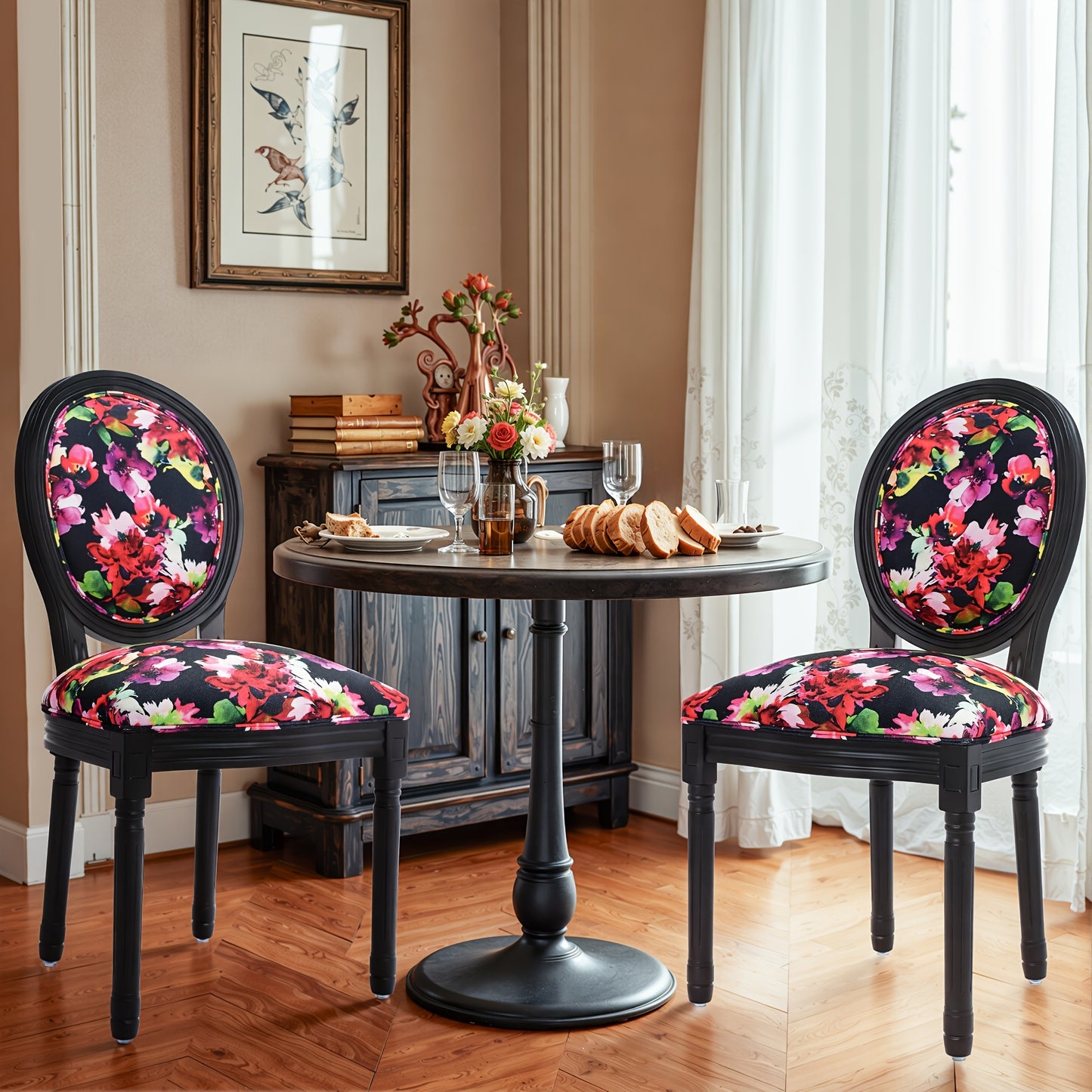 French Vintage Louis XVI Style Solid Wood Carved Antique Green Relief Double Dining Chair Set - Ergonomic Oval Backrest with Wingback Design, Breathable Linen Upholstery & Hardwood Frame, Ornate Armless Accent Chairs for Livi