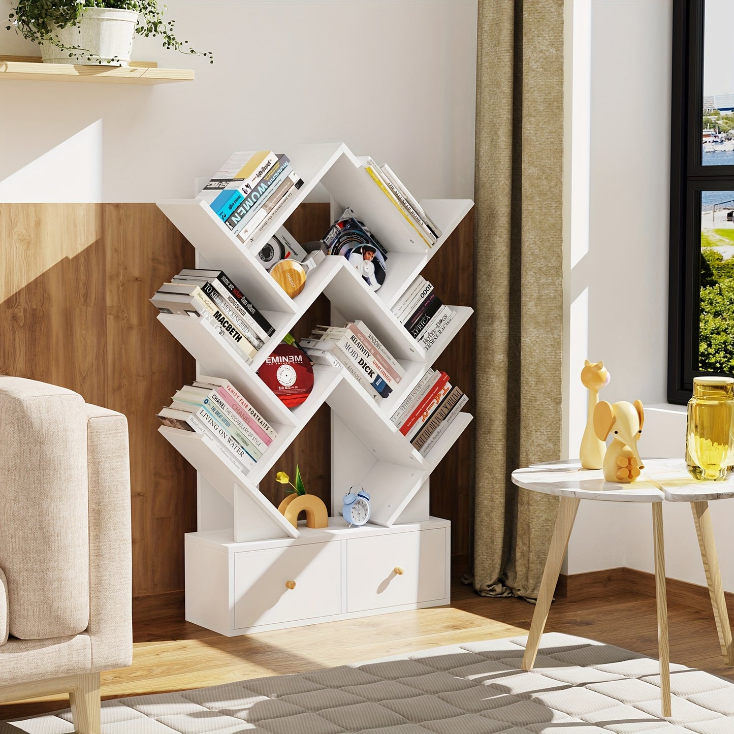 Boomvormige Boekenkast – Boekplank – Opbergkast – Wandrek – Boekenkast Met Lades – Wit Hout – Compact 60x20x100 cm – Vrijstaand & Duurzaam