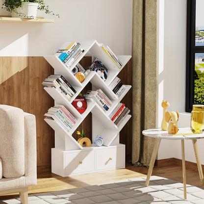 Boomvormige Boekenkast – Boekplank – Opbergkast – Wandrek – Boekenkast Met Lades – Wit Hout – Compact 60x20x100 cm – Vrijstaand & Duurzaam