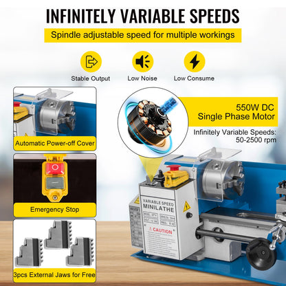 Metaaldraaibank – Mini draaibank – Metaal draaibank – Tafel draaibank – Precisie draaibank – 550W Vermogen – Variabele Snelheid 50-2500 RPM