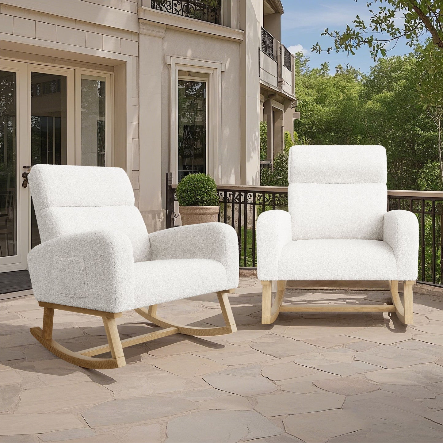 Schommelstoel – Schommelstoel met Wol – Loungestoel – Relaxstoel – Wit – Zachte Schapenwolvulling – Hoge Ergonomische Rugleuning