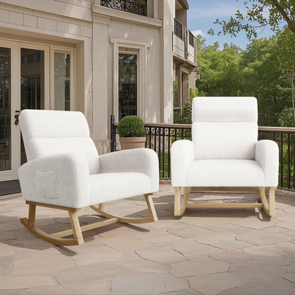 Schommelstoel – Schommelstoel met Wol – Loungestoel – Relaxstoel – Wit – Zachte Schapenwolvulling – Hoge Ergonomische Rugleuning