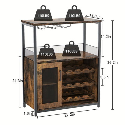 Wijnkast – Wijnrek – Wijnbar – Buffetkast – Vrijstaande Kast – Rustiek Bruin – 3 Niveaus – Glazenhouder Met Mesh Deur