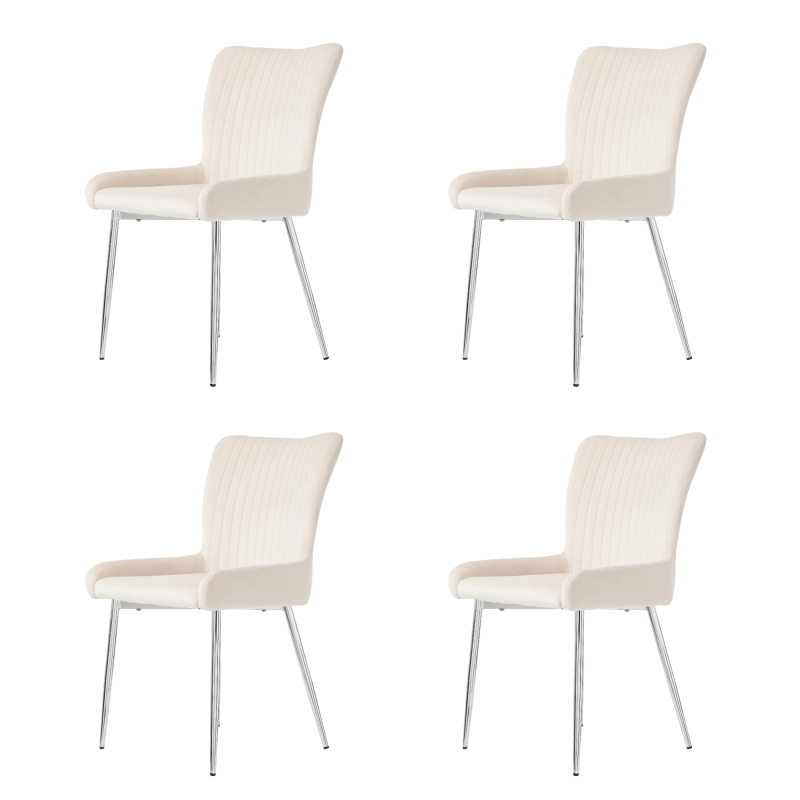 Velvet Stoel – Fluwelen Stoel – Eetkamerstoel – Fauteuil – Kuipstoel – Beige Kleur – Zilverkleurige Metalen Poten – Ergonomische Rugsteun – Set Van 4