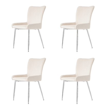 Velvet Stoel – Fluwelen Stoel – Eetkamerstoel – Fauteuil – Kuipstoel – Beige Kleur – Zilverkleurige Metalen Poten – Ergonomische Rugsteun – Set Van 4