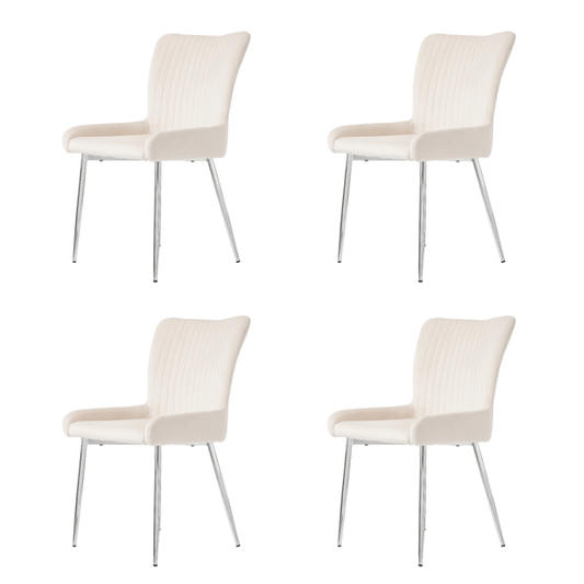Velvet Stoel – Fluwelen Stoel – Eetkamerstoel – Fauteuil – Kuipstoel – Beige Kleur – Zilverkleurige Metalen Poten – Ergonomische Rugsteun – Set Van 4