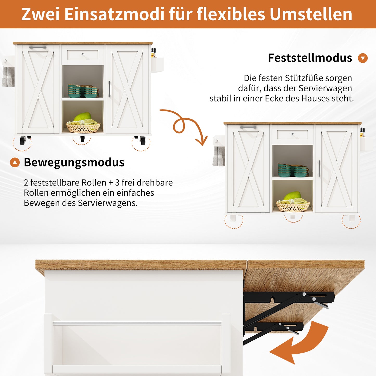 Keukeneiland – Keukentrolley – Keukenkast – Buffetkast – Serveerwagen – Inklapbaar Werkblad – Verstelbare Planken – MDF 3D Deuren – Metalen Handgrepen – Wit – 142×40/63×87 cm