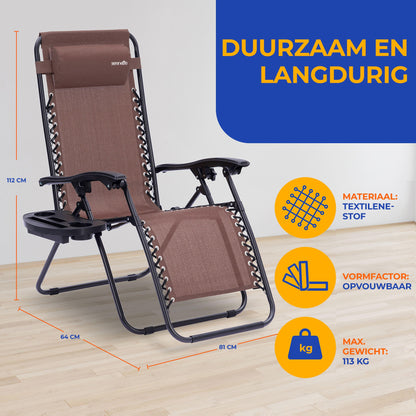 Loungestoel – Lounger – Tuinstoel – Relaxstoel – Ligstoel – Set Van 2 – Verstelbaar Met Afneembaar Zijtafeltje – Weerbestendig Stalen Frame - Bruin