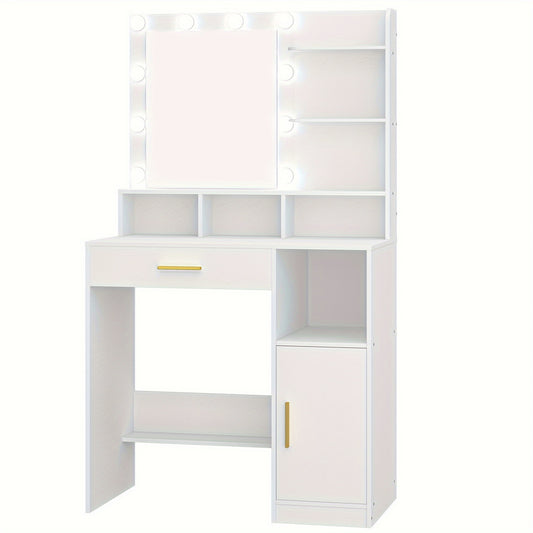 Kaptafel – Make-up Tafel – Cosmeticatafel – Opmaaktafel – Dressing Table – Met Spiegel en 10 LED-lampen – 3 Verstelbare Lichtstanden en Veel Opbergruimte
