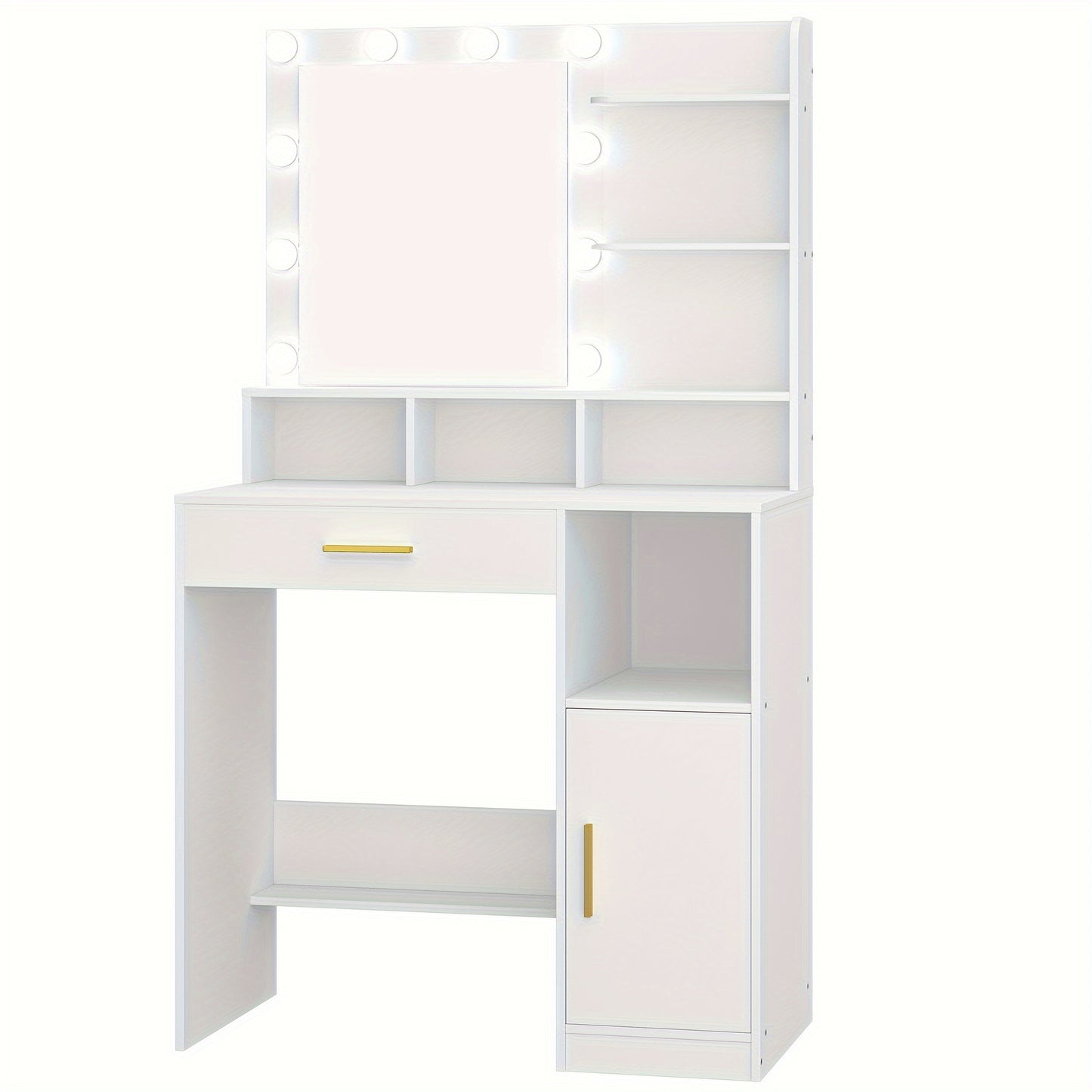 Kaptafel – Make-uptafel – Visagietafel – Schminktisch – Toilletset – Met Spiegel – 10 LED Lampjes – Verstelbare Lichtsterkte – 3 Open Planken – Inclusief Grote Lade en Kast