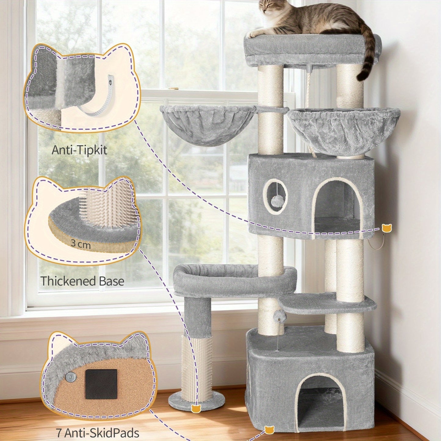 Krabpaal – Kattenboom – Krabmeubel – Kattenhuis – Kattentoren – 163 cm Hoog – Stevig Met Sisal Krabpalen En Zachte Ligplaatsen
