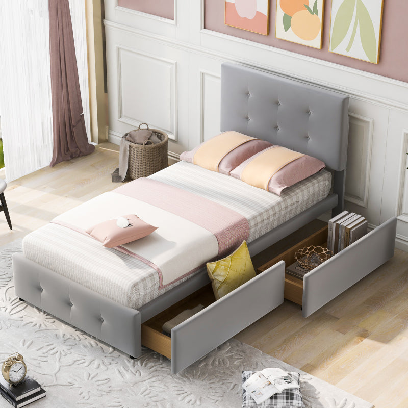 Eenpersoonsbed – Eenpersoonsbedden – Kinderbed – Opbergbed – Logeerbed – Verstelbaar Hoofdsteun – 2 Opberglades – Licht Beige Velours – Lattenbodem – Geen Montage