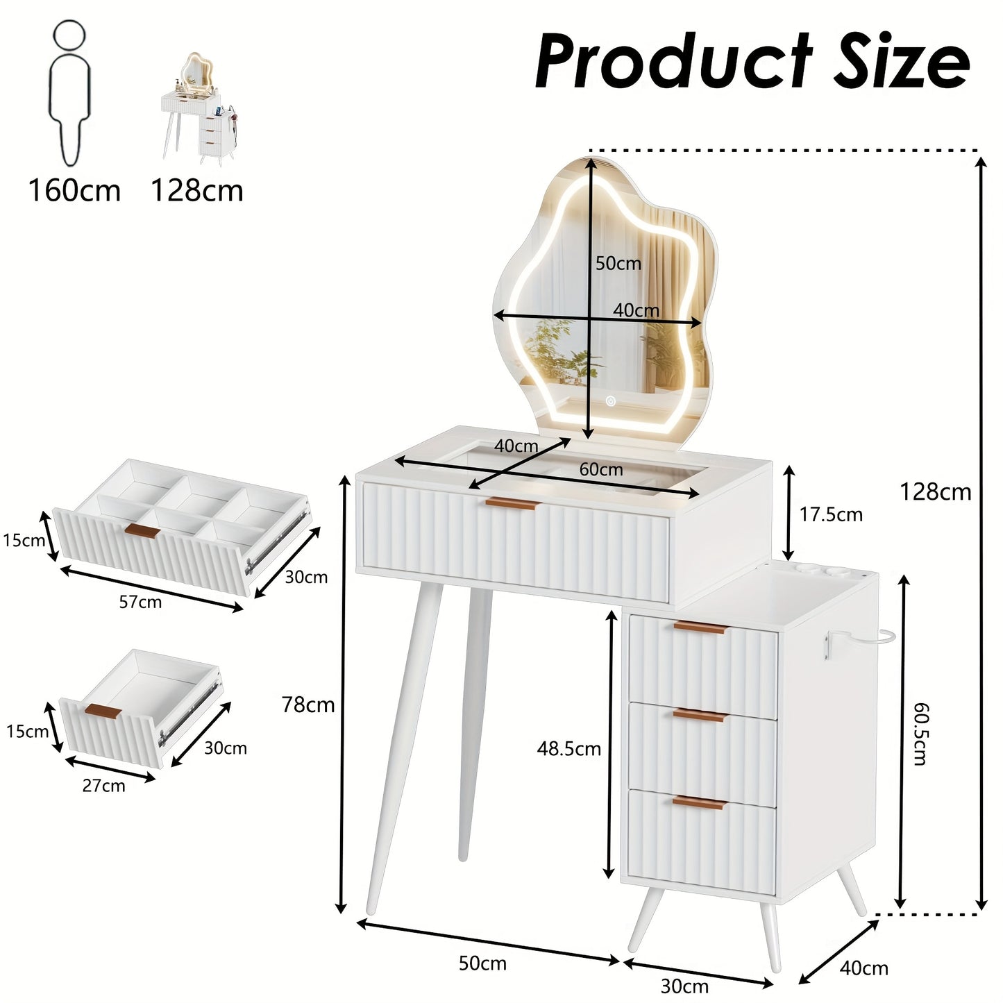 Make-up Tafel – Visagie Tafel – Schoonheidstafel – Kaptafel – Dressing Tafel – Wit – 4 Laden – Onregelmatige Spiegel – Glazen Blad – Föhnhouder – 80x40x128 cm – Houten Materiaal