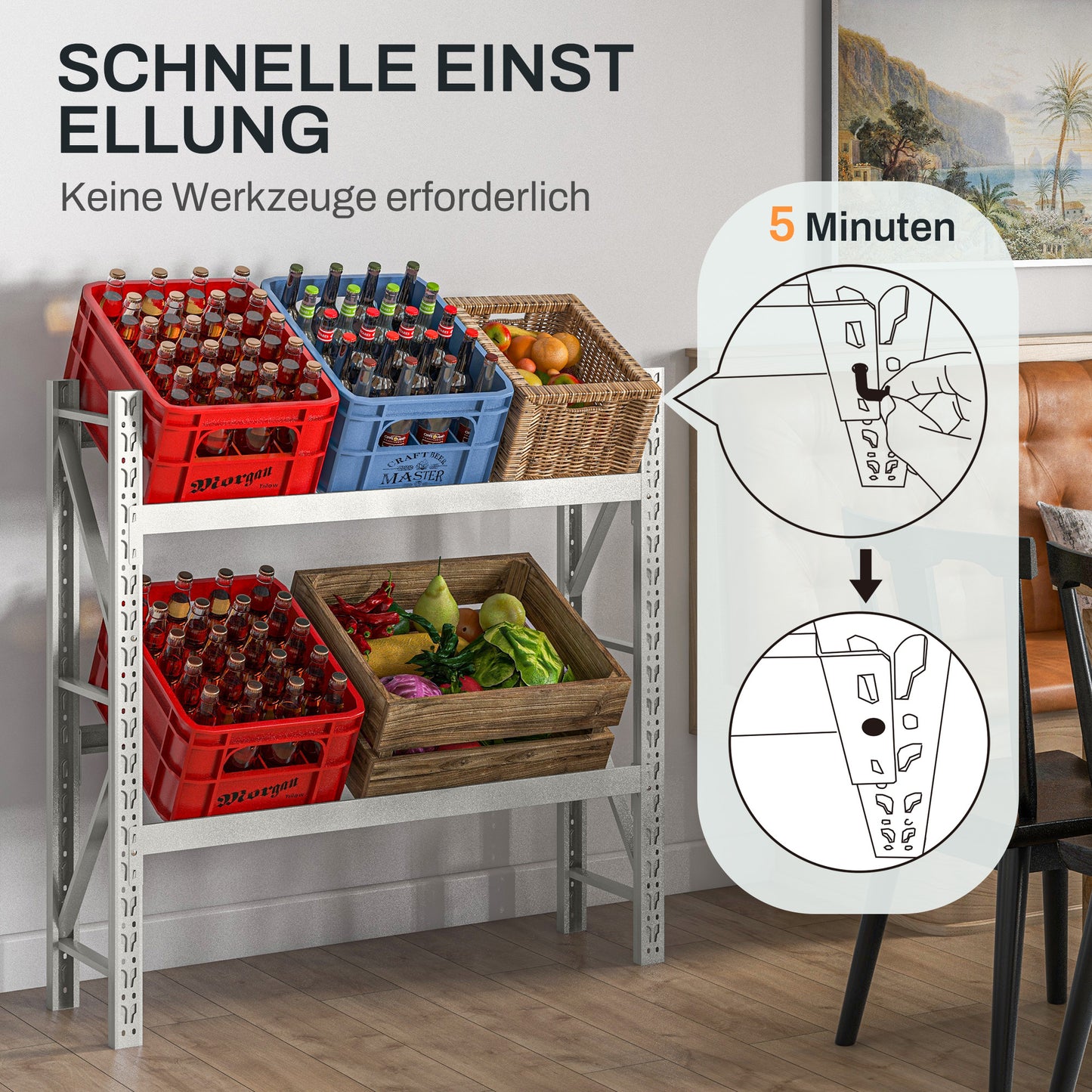 Drankenkistenrek – Bewaarkastje – Opbergrek – Krattenrek – Stelling – Wit Stalen Frame – Verstelbare Hoogte – 110x30x110 cm – 6 Kratten capaciteit