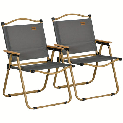 Lounge Stoel – Inklapbare Stoel – Tuinstoel – Strandstoel – Relaxstoel – Set Van 2 – Stevig Stalen Frame – Donkergrijs Met Houten Look
