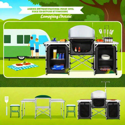 Folding Outdoor Cooking Table with Storage Carrying Bag Aluminum Camp Kitchen Station with Cupboards and Detachable Windscreen Quick Setup for Picnics BBQ RV Travel Black