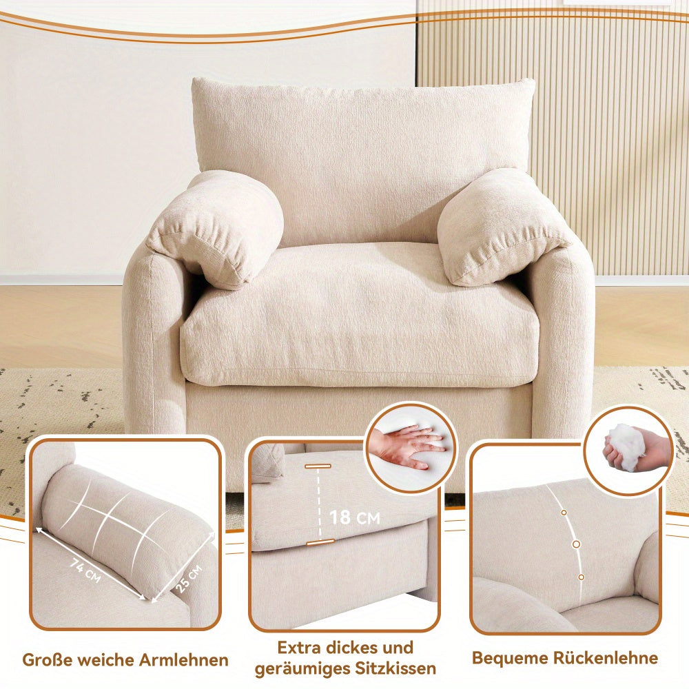 Loungechair – Fauteuil – Zitzak – Accentstoel – Relaxstoel – Oversized Design – Chenille Stof – Gepolsterde Armleuningen – Eenvoudige Montage – Wit