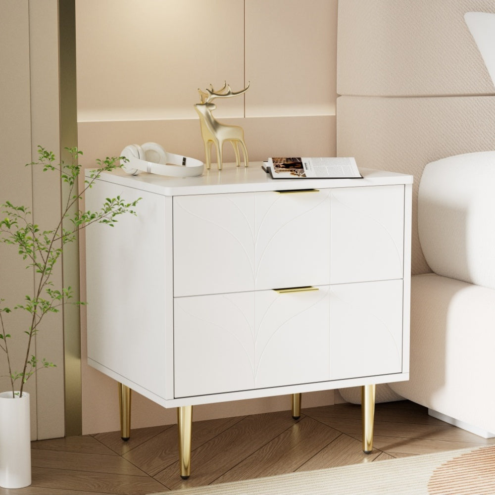 Nachtkastje – Bedkastje – Bedtafel – Slaapkamerkastje – Ladekast – Hoogglans Wit – Set Van 2 – Anti-Bots Hoeken – 2 Lades – Compact Formaat 50x40x54 cm