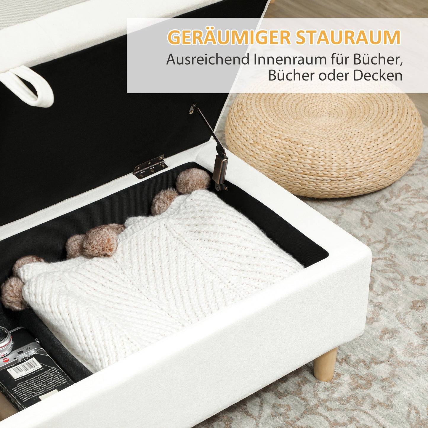 Poef – Opbergpoef – Hocker – Zitzak – Voetenbank – Crème Wit – Fluwelen Stoffering – Hout Met Opbergruimte – 84 Liter – Max. 240 kg Belastbaar