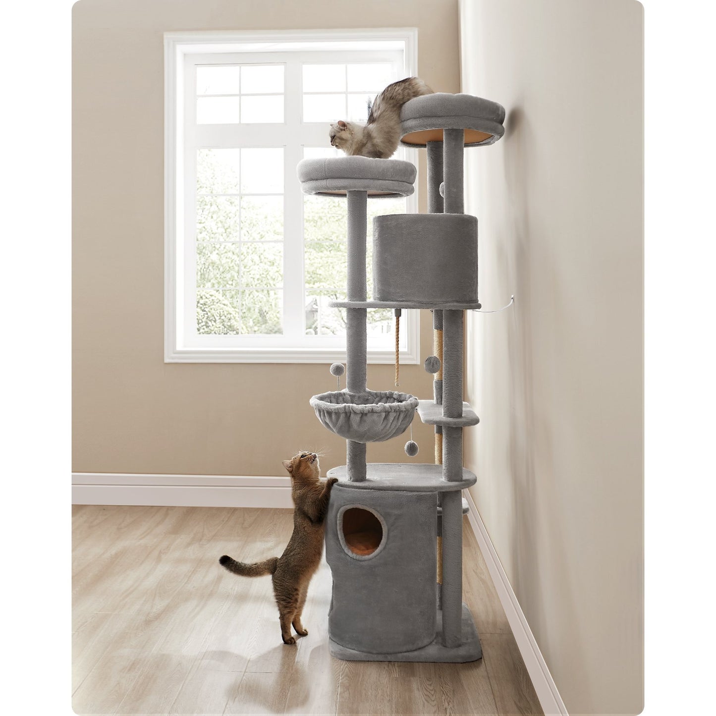 Krabpaal – Kattenboom – Kattenhuis – Krabmeubel – Kattenmand – Extra Groot 196 cm – 5 Sisal Krabpalen & Anti-Kantel Systeem - Lichtgrijs