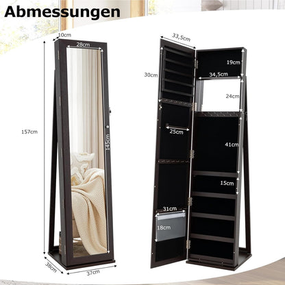 Sieradenkast – Juwelenkast – Spiegelkast – Organizer – Opbergkast – Volledige Spiegel – Afsluitbaar Met Slot – MDF Donkerbruin