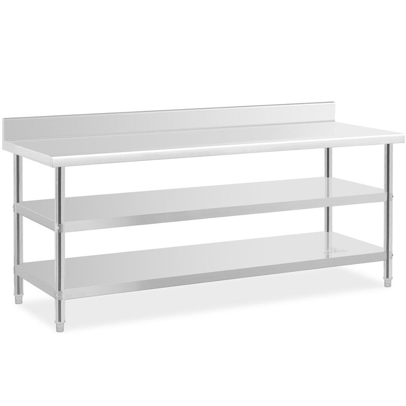Werktafel RVS – Roestvrijstalen Werkbank – Werktafel Met Opstaande Rand – Opbergtafel – Werktafel Met Planken – 200x70 cm – Robuust RVS Met 2 Opbergniveaus