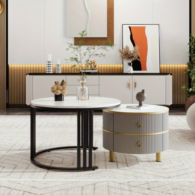 Bijzettafel – Salontafel – Nachttafel – Tafeltje – Lounge Tafel – Grijs met Wit Marmeren Blad – Set van 2 Met Laden – Nestbaar – 70x70x46 & 50x50x40 cm